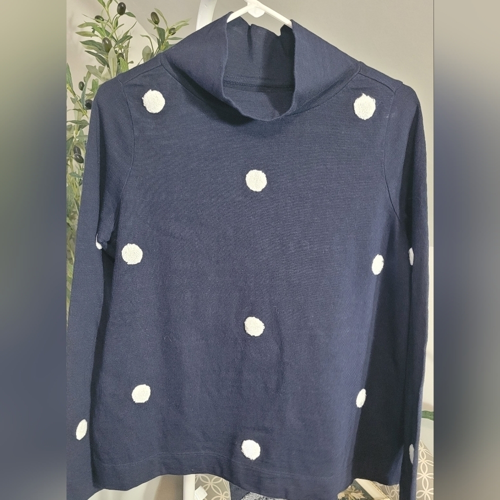Loft Mock Neck Pullover Polka Dot Texture Top Navy Blue White Small 100% Cotton - Picture 2 of 5